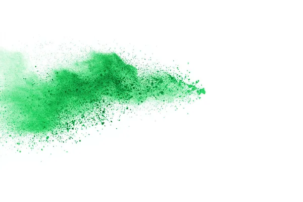 Grönt Pulver Explosion Vit Bakgrund Färgat Moln Färgstarkt Damm Exploderar — Stockfoto