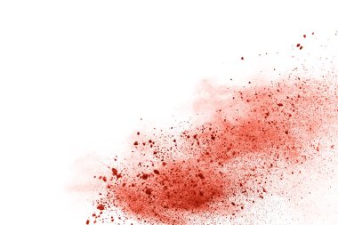 Beyaz arka planda canlı mercan renk pudrası patlaması. Renkli bulut. Renkli toz patlar. Boya Holi.