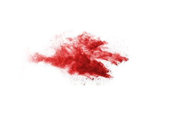 Beyaz arka planda izole edilmiş kırmızı barutun patlaması hareketsiz. Kırmızı toz bulutunun soyut tasarımı. Parçacık patlaması ekran koruyucusu, duvar kağıdı