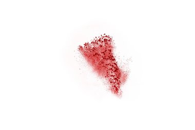 Beyaz arka planda izole edilmiş kırmızı barutun patlaması hareketsiz. Kırmızı toz bulutunun soyut tasarımı. Parçacık patlaması ekran koruyucusu, duvar kağıdı