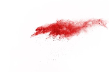 Beyaz arka planda izole edilmiş kırmızı barutun patlaması hareketsiz. Kırmızı toz bulutunun soyut tasarımı. Parçacık patlaması ekran koruyucusu, duvar kağıdı