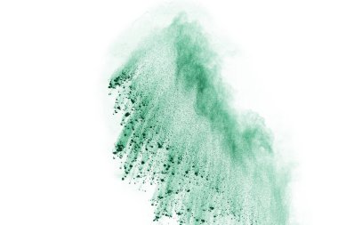Beyaz arka planda yeşil toz patlaması. Renkli bulut. Renkli toz patlar. Boya Holi.