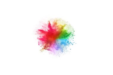 Soyut barut sıçramış arka plan. Beyaz arka planda renkli barut patlaması. Renkli bulut. Renkli toz patlar. Boya Holi.