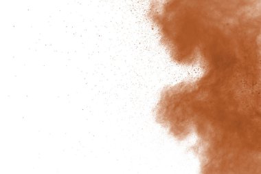 Beyaz arka planda kahverengi renkli toz patlaması. Renkli bulut. Renkli toz patlar. Boya Holi.
