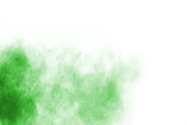 Groen Poeder Explosie Witte Achtergrond Gekleurde Wolk Kleurrijk Stof Explodeert — Stockfoto