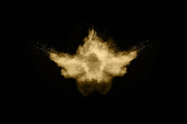 Gyllene Pulver Explosion Svart Bakgrund Färgat Moln Färgstarkt Damm Exploderar — Stockfoto