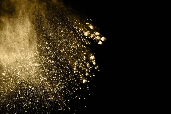 Gouden Poeder Explosie Zwarte Achtergrond Gekleurde Wolk Kleurrijk Stof Explodeert — Stockfoto