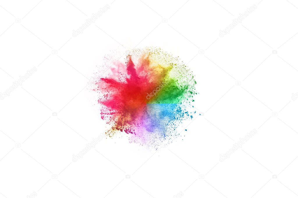 abstract powder splatted background. Colorful powder explosion on white background. Colored cloud. Colorful dust explode. Paint Holi.