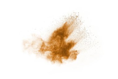 Beyaz arka planda kahverengi renkli toz patlaması. Renkli bulut. Renkli toz patlar. Boya Holi.