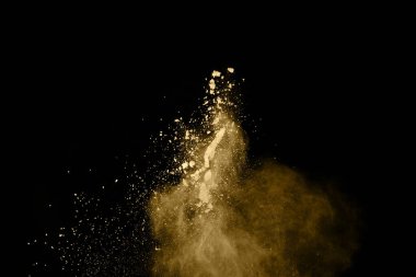 Siyah arka planda altın tozu patlaması. Renkli bulut. Renkli toz patlar. Boya Holi.