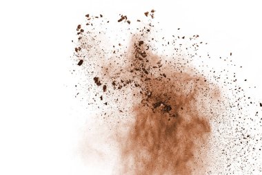 Beyaz arka planda kahverengi renkli toz patlaması. Renkli bulut. Renkli toz patlar. Boya Holi.
