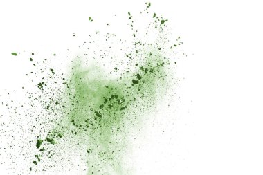 Beyaz arka planda yeşil toz patlaması. Renkli bulut. Renkli toz patlar. Boya Holi.