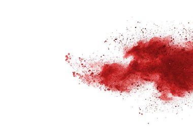Beyaz arka planda izole edilmiş kırmızı barutun patlaması hareketsiz. Kırmızı toz bulutunun soyut tasarımı. Parçacık patlaması ekran koruyucusu, duvar kağıdı
