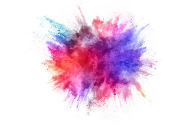 Soyut barut sıçramış arka plan. Beyaz arka planda renkli barut patlaması. Renkli bulut. Renkli toz patlar. Boya Holi.