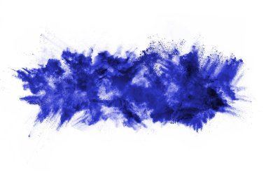 Beyaz arka planda mavi renkli toz patlaması. Renkli bulut. Renkli toz patlar. Boya Holi.