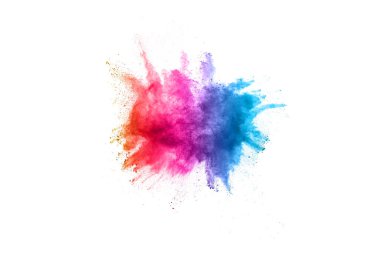 Soyut barut sıçramış arka plan. Beyaz arka planda renkli barut patlaması. Renkli bulut. Renkli toz patlar. Boya Holi.
