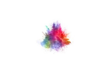 Soyut barut sıçramış arka plan. Beyaz arka planda renkli barut patlaması. Renkli bulut. Renkli toz patlar. Boya Holi.