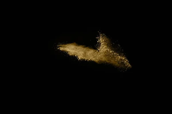 Gouden Poeder Explosie Zwarte Achtergrond Gekleurde Wolk Kleurrijk Stof Explodeert — Stockfoto