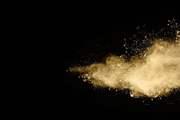 Gouden Poeder Explosie Zwarte Achtergrond Gekleurde Wolk Kleurrijk Stof Explodeert — Stockfoto