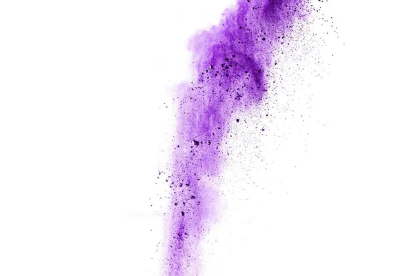 Explosão Fechar Uma Explosão Partículas Roxo Isolado Branco Contexto Abstrato — Fotografia de Stock