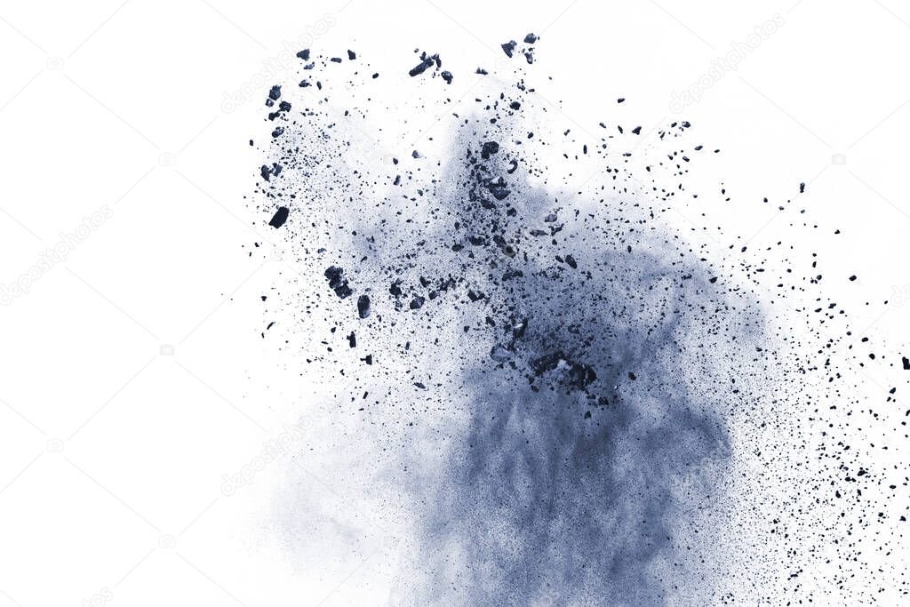 Blue color powder explosion on white background. Colored cloud. Colorful dust explode. Paint Holi.