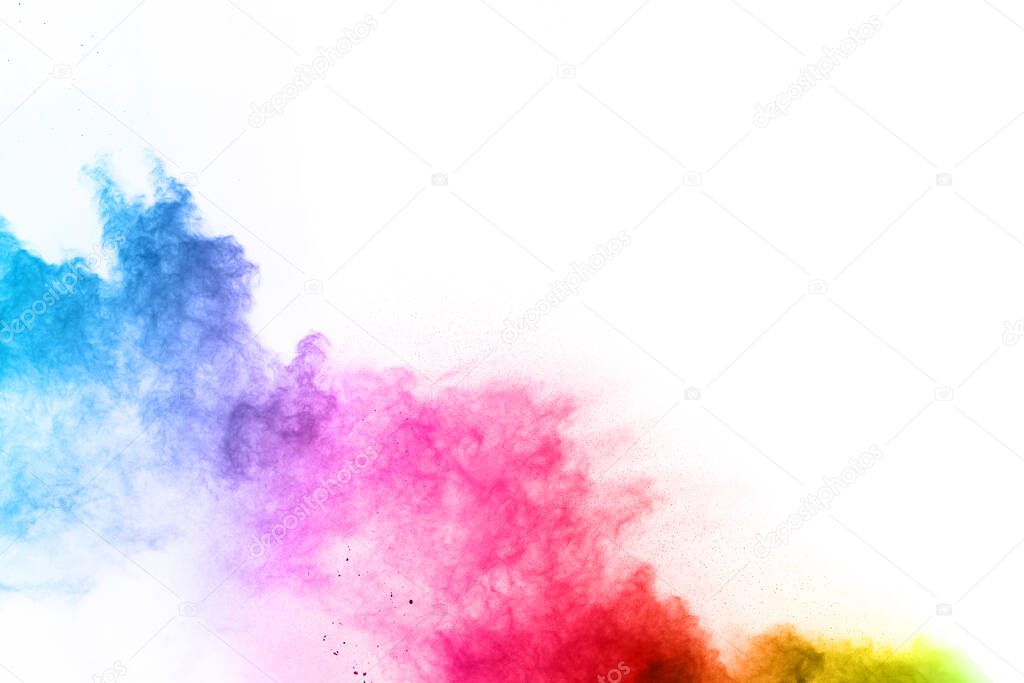 abstract powder splatted background. Colorful powder explosion on white background. Colored cloud. Colorful dust explode. Paint Holi.