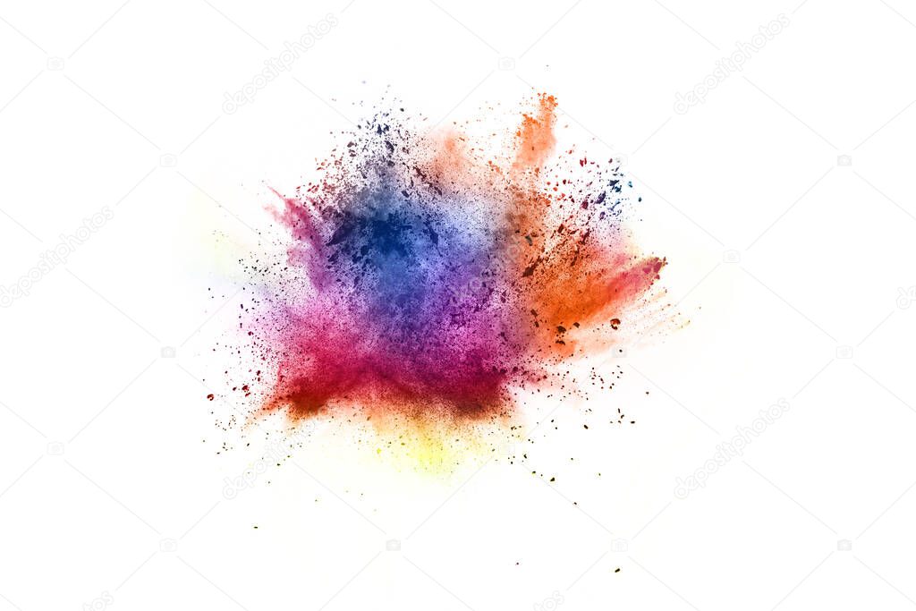 abstract powder splatted background. Colorful powder explosion on white background. Colored cloud. Colorful dust explode. Paint Holi.