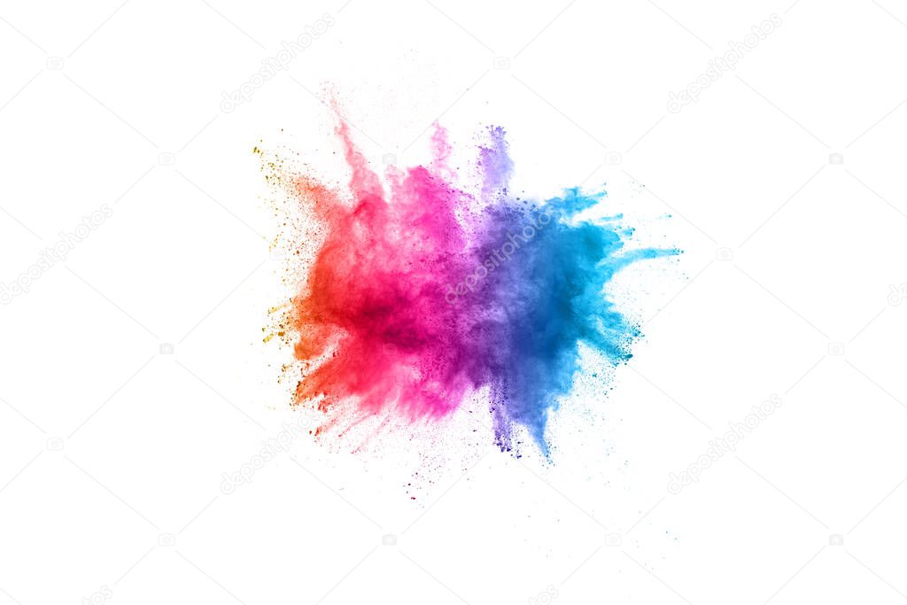 abstract powder splatted background. Colorful powder explosion on white background. Colored cloud. Colorful dust explode. Paint Holi.