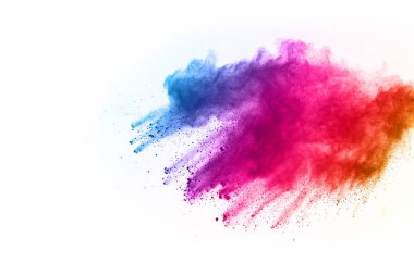 Soyut barut sıçramış arka plan. Beyaz arka planda renkli barut patlaması. Renkli bulut. Renkli toz patlar. Boya Holi.