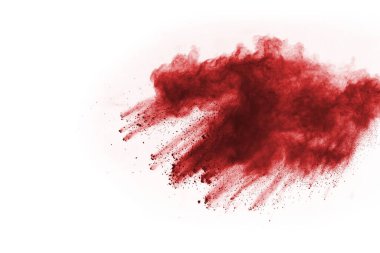 Beyaz arka planda izole edilmiş kırmızı barutun patlaması hareketsiz. Kırmızı toz bulutunun soyut tasarımı. Parçacık patlaması ekran koruyucusu, duvar kağıdı
