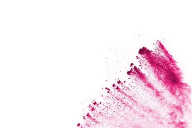 Soyut pembe toz sıçramış arkaplan, patlayan renk tozunun hareketsiz hareketi / renk pudrası, beyaz arkaplanda renk parıltısı dokusu.
