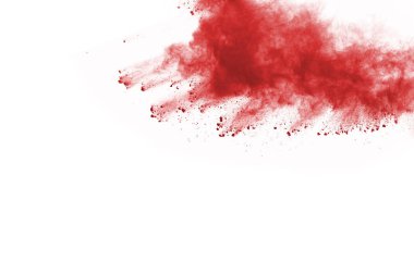 Beyaz arka planda izole edilmiş kırmızı barutun patlaması hareketsiz. Kırmızı toz bulutunun soyut tasarımı. Parçacık patlaması ekran koruyucusu, duvar kağıdı