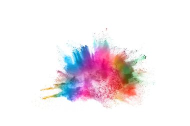 Soyut barut sıçramış arka plan. Beyaz arka planda renkli barut patlaması. Renkli bulut. Renkli toz patlar. Boya Holi.