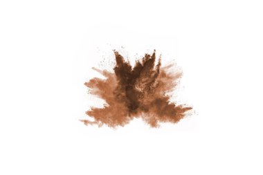 Beyaz arka planda kahverengi renkli toz patlaması. Renkli bulut. Renkli toz patlar. Boya Holi.