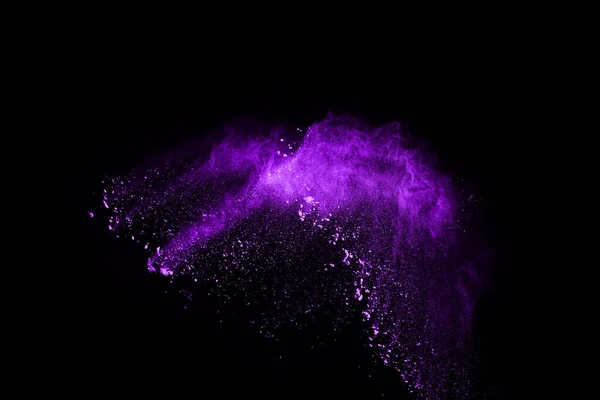 Movimento Explosão Poeira Abstrata Congelado Roxo Sobre Fundo Preto Pare — Fotografia de Stock