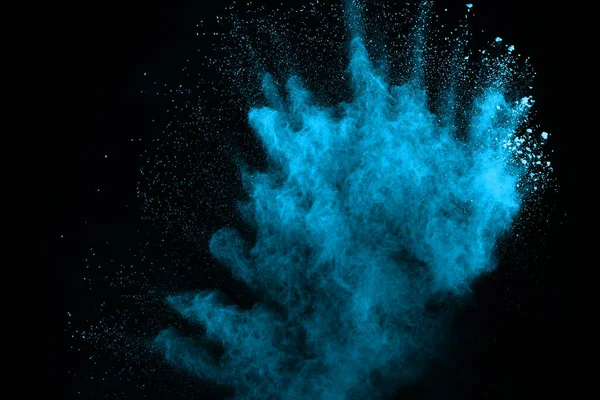 Explosion Poudre Bleue Sur Fond Noir Nuage Coloré Poussière Colorée — Photo