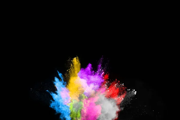 Abstract Gekleurde Stof Explosie Een Zwarte Achtergrond Abstract Poeder Splatted — Stockfoto