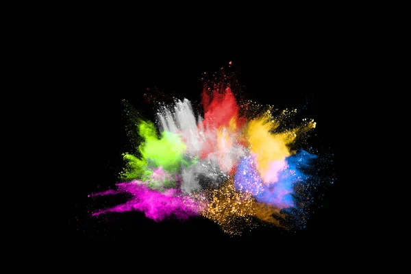 Abstract Gekleurde Stof Explosie Een Zwarte Achtergrond Abstract Poeder Splatted — Stockfoto