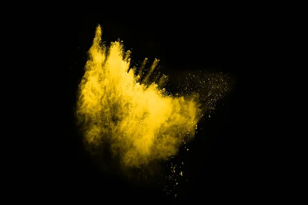 Zamrożenie Ruchu Eksplozji Żółtego Pyłu Izolowane Czarnym Tle — Zdjęcie stockowe