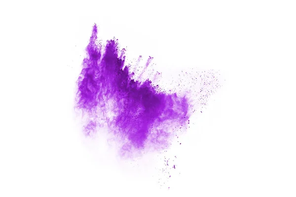 粉末爆炸 隔离在白色表面的紫色尘埃粒子爆炸的闭合物 摘要背景 — 图库照片