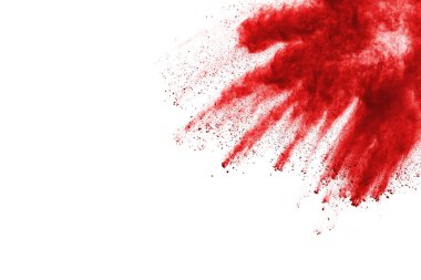 Beyaz arka planda izole edilmiş kırmızı barutun patlaması hareketsiz. Kırmızı toz bulutunun soyut tasarımı. Parçacık patlaması ekran koruyucusu, duvar kağıdı