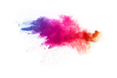 Soyut barut sıçramış arka plan. Beyaz arka planda renkli barut patlaması. Renkli bulut. Renkli toz patlar. Boya Holi.