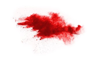Beyaz arka planda izole edilmiş kırmızı barutun patlaması hareketsiz. Kırmızı toz bulutunun soyut tasarımı. Parçacık patlaması ekran koruyucusu, duvar kağıdı