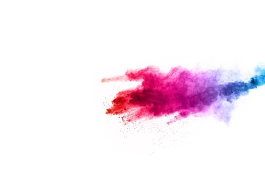 Soyut barut sıçramış arka plan. Beyaz arka planda renkli barut patlaması. Renkli bulut. Renkli toz patlar. Boya Holi.