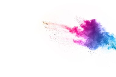 Soyut barut sıçramış arka plan. Beyaz arka planda renkli barut patlaması. Renkli bulut. Renkli toz patlar. Boya Holi.