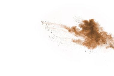 Beyaz arka planda kahverengi renkli toz patlaması. Renkli bulut. Renkli toz patlar. Boya Holi.