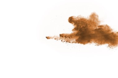 Beyaz arka planda kahverengi renkli toz patlaması. Renkli bulut. Renkli toz patlar. Boya Holi.