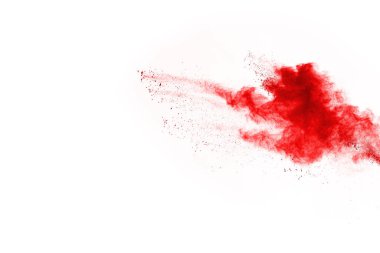 Beyaz arka planda izole edilmiş kırmızı barutun patlaması hareketsiz. Kırmızı toz bulutunun soyut tasarımı. Parçacık patlaması ekran koruyucusu, duvar kağıdı
