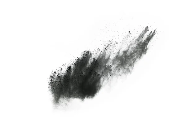 白地に炭の粒子 白地にメッキされた抽象的な粉末 黒色火薬の爆発や投げブラックパウダーの凍結運動 — ストック写真