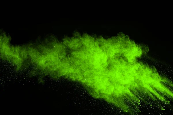 Movimento Esplosione Polvere Astratta Congelato Verde Sfondo Nero Fermare Movimento — Foto Stock